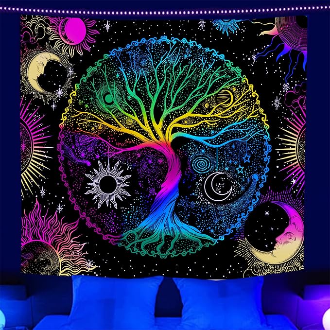 AACKart Blacklight Tapestry for Bedroom - Spiritual Tree of Life Wall Tapestry Glow in the Dark Wall Hanging 90.5 x 70.8 inches