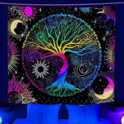 AACKart Blacklight Tapestry for Bedroom - Spiritual Tree of Life Wall Tapestry Glow in the Dark Wall Hanging 90.5 x 70.8 inches
