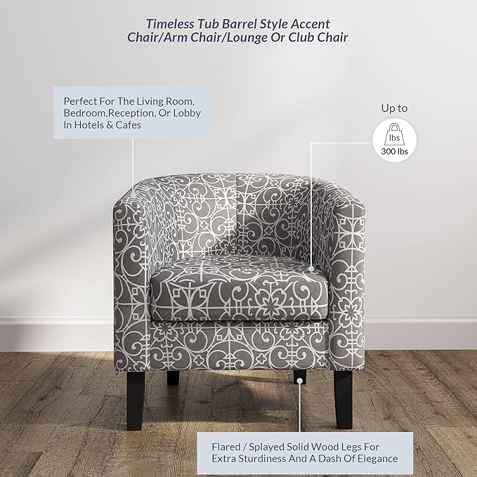 BELLEZE Accent Barrel Chair, Linen Round Chair Club Tub Sofa Corner Chair with Flared Legs and Cozy Soft Padding for Living Room Bedroom Waiting Room - White & Gray