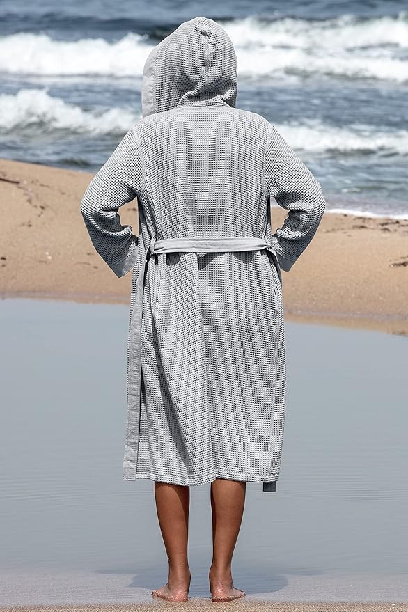 Women’s Luxury Waffle Shawl Collar, Hooded Robe w Piping – Lightweight, Long, Ultra Soft Spa Sleepwear Bathrobe