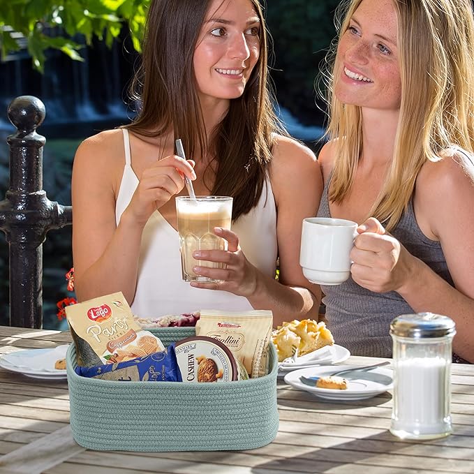 Small Woven Storage Baskets 12“X8”X5“ Decorative Rope Bins for Organizing Shelves, Closets, and Toys, Empty Gift Baskets, Cute Organizer Basket for Home and Office (green, regular)