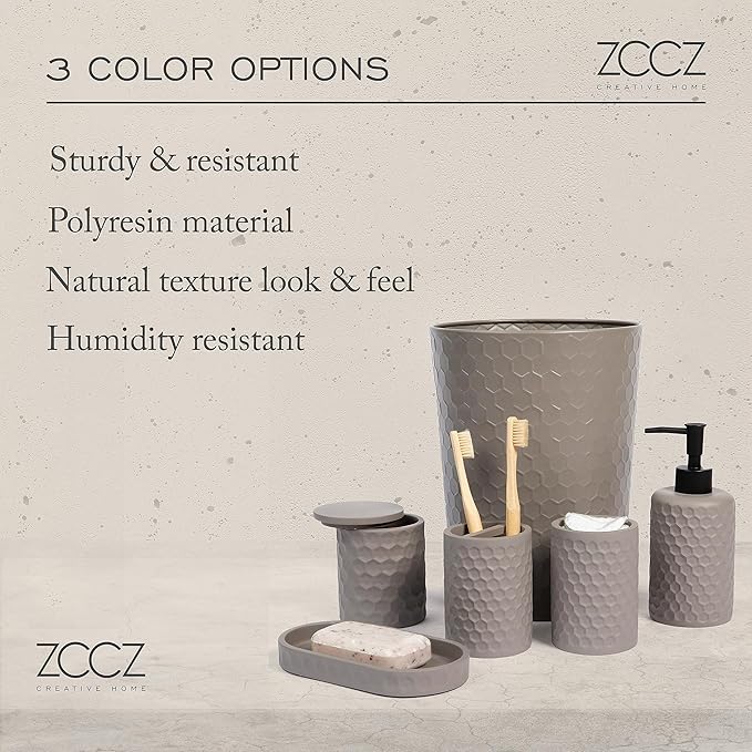 zccz 6 Piece Bathroom Accessories Set, Toothbrush Holder, Toothbrush Cup, Soap Dispenser,Bathroom Vanity Tray, Qtip Holder, Trash Can - Cement