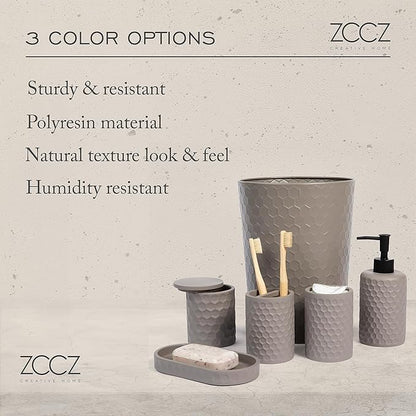 zccz 6 Piece Bathroom Accessories Set, Toothbrush Holder, Toothbrush Cup, Soap Dispenser,Bathroom Vanity Tray, Qtip Holder, Trash Can - Cement