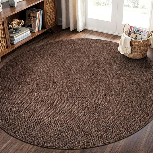 CAMILSON Easy Jute Round Rug 4ft Indoor Outdoor Brown Color Fiber Area Rugs for Living Room Patio and Kitchen Rug, Solid Boho Woven Design Easy-Cleaning Washable Outside Carpet Alfombras (4 Round)