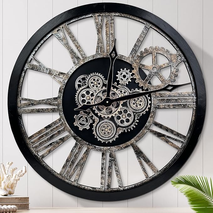 HOIBAI Large Wall Clock, Wall Clocks for Living Room Decor 36 Inch Farmhouse Vintage Rustic Kitchen Wall Decor Vintage Roman Oversized Wall Clock for Home Bedroom House, Moving Gears Clock