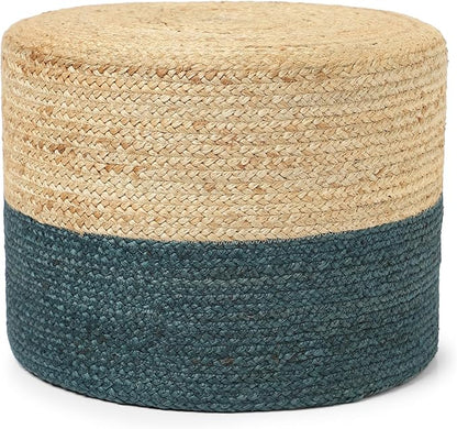 REDEARTH · Cylindrical Pouf Foot Stool Ottoman - Jute Braided Pouffe Poof Accent Sitting Footrest for Living Room, Bedroom, Nursery, Patio, Lounge & Other Rooms (Natural Teal, 18"x18"x14")