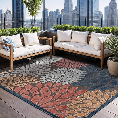 Beverly Rug Outdoor Rug 9x12 Large Modern Floral Tropical Area Rugs for Indoor and Outdoor Patio Easy to Clean Non Shedding Living Room Porch Garden Washable Outside Carpet (9 x 12 Brown)