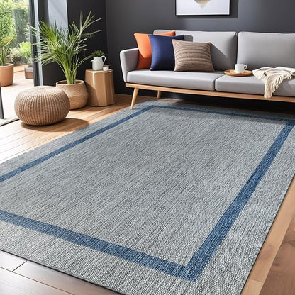 Bordered Outdoor Rug 8x10 Washable Outside Carpet for Indoor Patio Porch Waterproof Easy Cleaning Non Shedding Area Rugs Silver Gray - Blue 8 x 10