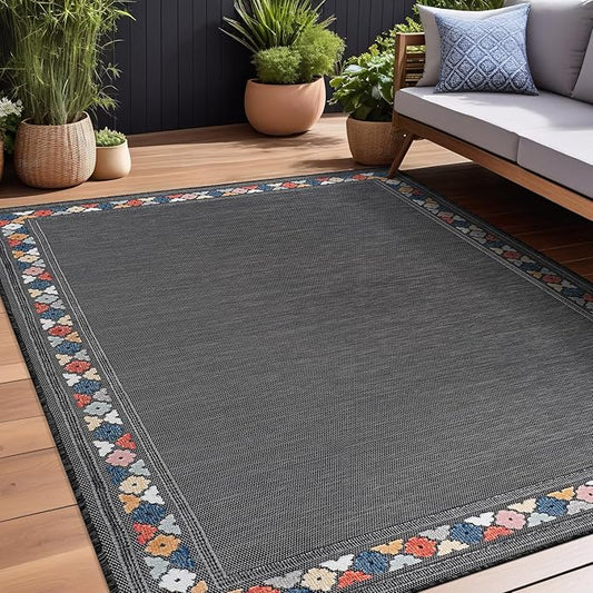Beverly Rug Outdoor Rug 8x10 Modern Bordered Area Rugs for Indoor and Outdoor Patio Easy to Clean Non Shedding Living Room Porch Garden Washable Outside Carpet (8 x 10 Dark Gray)