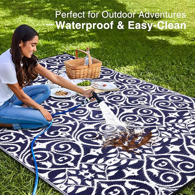 OLANLY Outdoor Rug Waterproof 9x12 ft Clearance, Reversible Outdoor Plastic Straw Rug with Floral Pattern, RV Mat for Patio, Camping, Balcony, Deck, Backyard, Navy & White