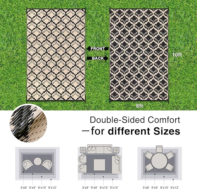 OLANLY Reversible Outdoor Rug 8x10 ft Clearance, Waterproof Outdoor Plastic Straw Rug with Interlacing Pattern, RV Mat for Patio, Camping, Balcony, Deck, Backyard, Black & Beige