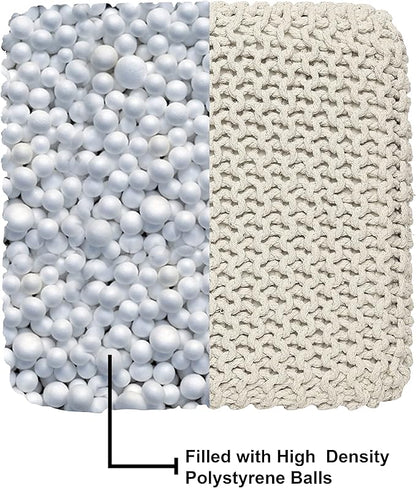 REDEARTH Square Pouf Ottoman Foot Stool - Hand Knitted Bean Bag - Cord Boho Pouffe - Accent Poof for Living Room - Nursery - Bedroom - Kids Bedroom - Patio - 100% Cotton (16" x 16" x 16") - Ivory