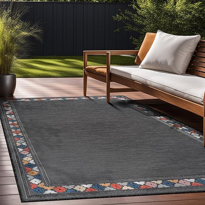 Beverly Rug Outdoor Rug 6x9 Modern Bordered Area Rugs for Indoor and Outdoor Patio Easy to Clean Non Shedding Living Room Porch Garden Washable Outside Carpet (6 x 9 Dark Gray)
