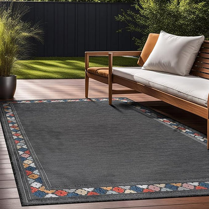 Beverly Rug Outdoor Rug 6x9 Modern Bordered Area Rugs for Indoor and Outdoor Patio Easy to Clean Non Shedding Living Room Porch Garden Washable Outside Carpet (6 x 9 Dark Gray)