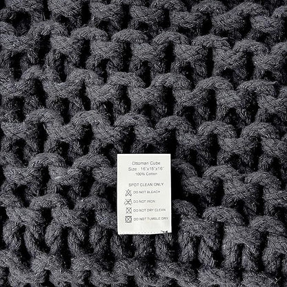 REDEARTH Cube Pouf Foot Stool Ottoman - Hand Knitted Coffee Table - Cotton Cord Boho Pouffe - Home Décor Poof - Stuffed Footrest for Living Room - Bedroom - Patio (16" x 16" x 16") - Dark Gray