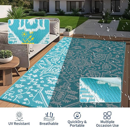 Outdoor Rug 9x12 Waterproof Reversible Plastic Straw Patio Rug, Stain-Resistant Vintage Medallion Carpet, Large Easy-Cleaning Indoor Outdoor RV Mat for Deck, Camping, Balcony, Light Blue/White