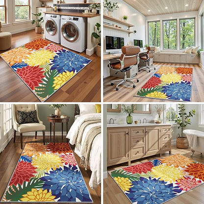 Area Rug 3x5 Washable Entry Rug Multicolored Tropical Botanical Modern Floral Indoor Kitchen Door Mat Entrance Carpet Non Slip for Bedroom Living Room, Porch