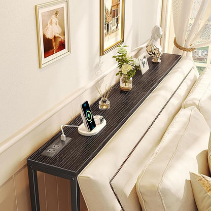 SUPERJARE Console Table with Outlet, 63 Inch Sofa Table with Charging Station, Narrow Entryway Table, Skinny Hallway Table, Behind Couch Table, for Living Room, Plants, Black