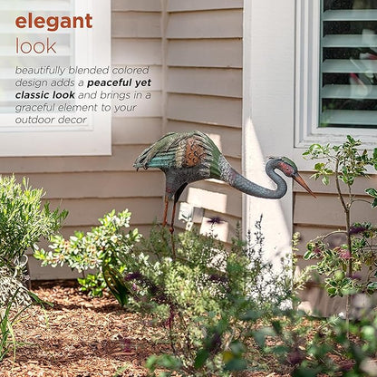 Alpine Corporation 30" Tall Outdoor Rustic Metal Bowing Crane Statue Yard Art Decoration