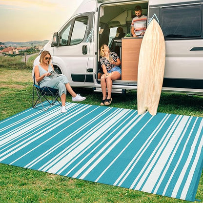 Waterproof Outdoor Rug 8x10 Contemporary Reversible Plastic Straw Rug, Easy Cleaning Striped Patio Carpet, UV-Resistant Indoor Outdoor Floor Cover for RV, Porch, Deck, Backyard, Light Blue