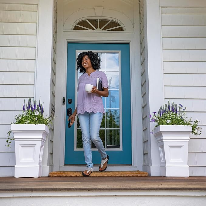 Step2 Atherton Square Planter, Large Planters for Outdoor Plants, Gardening and Flower Pot for Patio or Porch, Efficient Drainage, Durable Plastic, Classic White