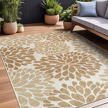 Beverly Rug Outdoor Rug 10x14 Modern Exotic Tropical Leaf Area Rugs for Indoor and Outdoor Patio Deck Porch Garden Water Resistant Washable Outside Carpet (10 x 14 Beige)