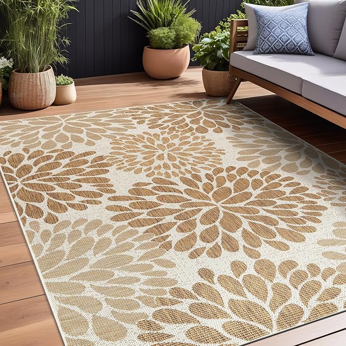 Beverly Rug Outdoor Rug 9x12 Modern Exotic Tropical Leaf Area Rugs for Indoor and Outdoor Patio Deck Porch Garden Water Resistant Washable Outside Carpet (9 x 12 Beige)