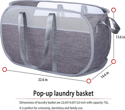 Pop Up Laundry Hamper，with Durable Handles collapsible laundry basket，Easy to Open and Fold for college Dorm,kids room，travel (blue+gray)…