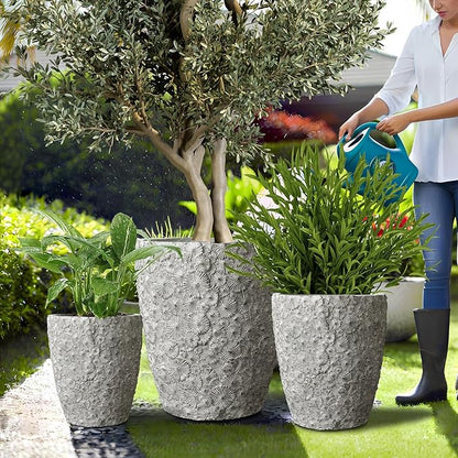 Craft flowerpots 16"+12"+10" Dia Round Concrete Planter Set of 3 Large Outdoor/Indoor Planter Pots Containers with Drainage Holes and Rubber Plug for Home Garden (Grey, Large)