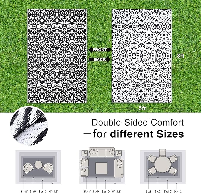 OLANLY Outdoor Rug Waterproof 5x8 ft Clearance, Reversible Outdoor Plastic Straw Rug with Floral Pattern, RV Mat for Patio, Camping, Balcony, Deck, Backyard, Black & White