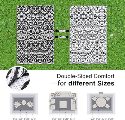 OLANLY Outdoor Rug Waterproof 5x8 ft Clearance, Reversible Outdoor Plastic Straw Rug with Floral Pattern, RV Mat for Patio, Camping, Balcony, Deck, Backyard, Black & White