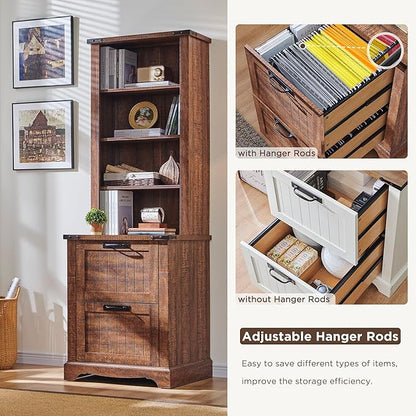 RedLemon Bookcase with 2 File Drawers, 72" Tall Farmhouse Bookshlef with Storage and Adjustable Shelves, 4 Tier Rustic Wood Bookshelf with Cabinet for Office, Living Room (Reclaimed Barnwood Color)