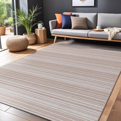 Stripe Outdoor Rug 5x7 Washable Outside Carpet for Indoor Patio Porch Waterproof Easy Cleaning Non Shedding Area Rugs Beige 5 x 7