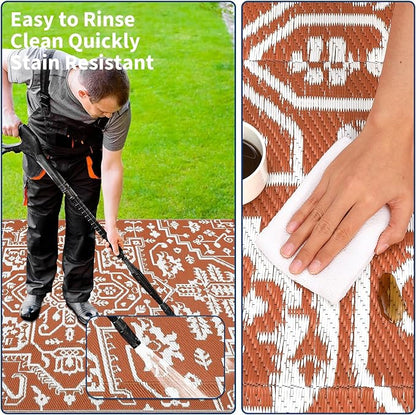 Waterproof Outdoor Rug 9x18 Reversible Plastic Straw Patio Rug, Stain-Resistant Vintage Medallion Carpet, Large Indoor Outdoor RV Mat for Deck, Camping, Balcony, Vintage Terracotta Brick/White