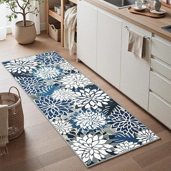Area Rug 2x6 Blue White Washable Entry Rug Multicolored Tropical Botanical Modern Floral Indoor Kitchen Door Mat Entrance Carpet Non Slip for Bedroom Living Room, Porch