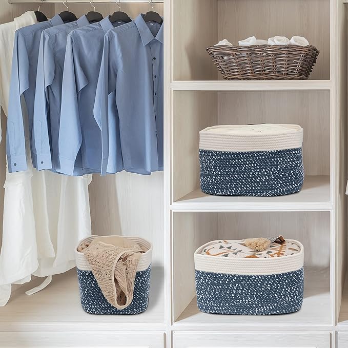 White and Blue Cotton Rope storage Basket Bins Woven Basket for Organizing Shelves 14.5X9.5X9.3“ Rectangle Decorative Baskets For storage Books Towels Wicker Nursery basket organizer Set of 3