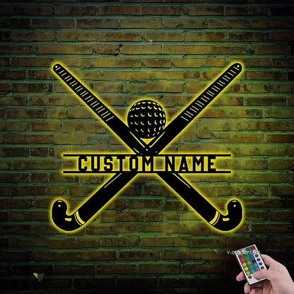 Custom Hockey LED Wall Sign - Hockey Metal Wall Art with Helmet & Sticks, 16-Color LED with Remote Control, Hockey Decor for Boys Room, Players, Fans, Coaches, Man Cave, Sports Lovers