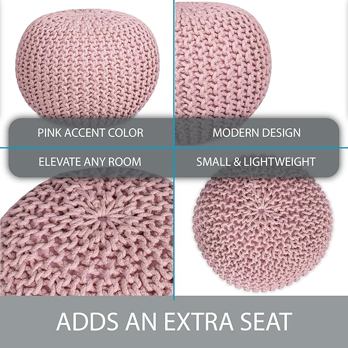 BIRDROCK HOME Round Pouf Ottoman | Cotton Braided Foot Stool with Bean Bag Filling | Boho Foot Rest for Living Room & Bedroom | Compact & Comfortable Seating, Lightweight & Soft | Dusty Rose