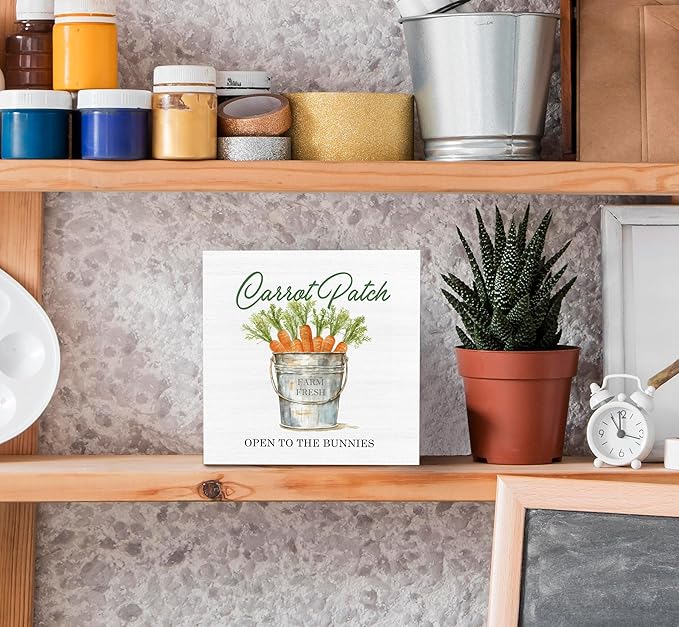 SRADMO Easter Sign, Carrot Patch Easter Wood Box Sign Desk Decor, Easter Carrot Decorations, Farmhouse Easter Theme Wooden Block Box Sign Decoration for Home Office Shelf Table Decor