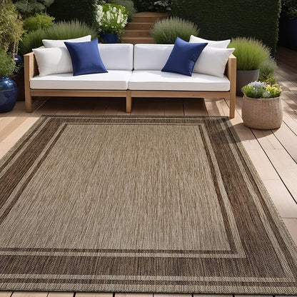 Beverly Rug Outdoor Rug 8x10 Modern Bordered Area Rugs for Indoor and Outdoor Patio Deck Porch Garden Waterproof Weather Sun Resistant Washable Outside Carpet (8 x 10 Jute)