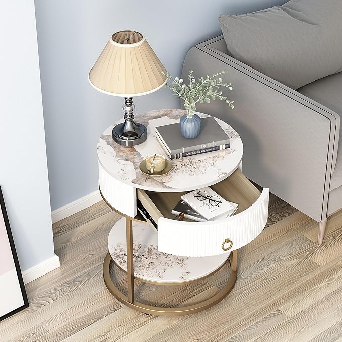 OIOG Round Side Table with Drawer, 2 Tier Night Stand with Shelf, Modern Side Table with Gold Legs for Living Room, Bedroom, Dorm, Marbling Natural Stone/Gold