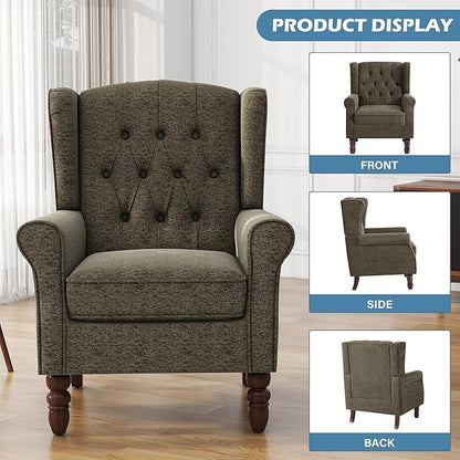 UIXE High Back Accent Chairs Set of 2, Upholstered Armchair in Fabric, Retro Wingback Arm Chair for Living Room, Comfy Single Sofa Bedroom Reading Seat with Solid Wood Legs - Taupe