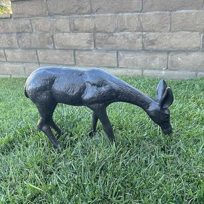Cast Iron Deer Sculpture（11.4" Tall）, Realistic Lawn Garden Decor Statue, Lifelike Grazing Deer Figure, Outdoor/Indoor Decorative Art, Metal Animal Ornament HC3672
