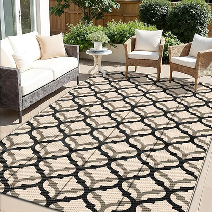 OLANLY Reversible Outdoor Rug 5x8 ft Clearance, Waterproof Outdoor Plastic Straw Rug with Interlacing Pattern, RV Mat for Patio, Camping, Balcony, Deck, Backyard, Black & Beige