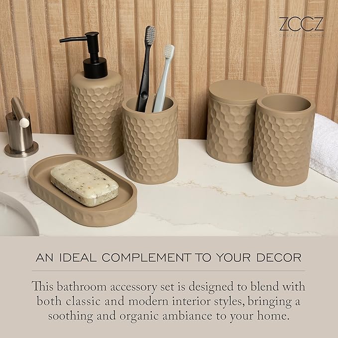 zccz 6 Piece Bathroom Accessories Set, Toothbrush Holder, Toothbrush Cup, Soap Dispenser,Bathroom Vanity Tray, Qtip Holder, Trash Can - Khaki