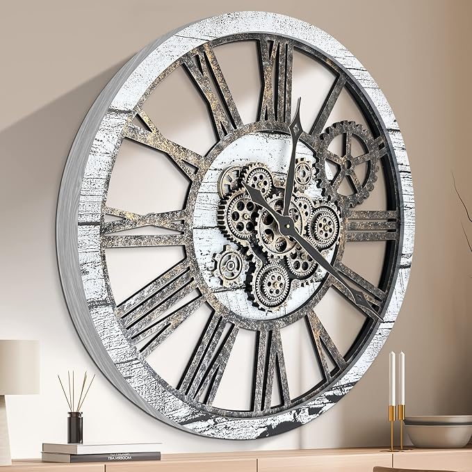 HOIBAI Large Wall Clock, Wall Clocks for Living Room Decor 36 Inch Farmhouse Vintage Rustic Kitchen Wall Decor Vintage Roman Oversized Wall Clock for Home Bedroom House, Moving Gears Clock