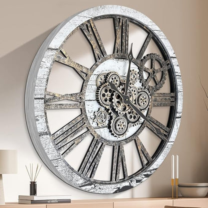HOIBAI Large Wall Clock Clocks for Living Room Decor Oversized 30 Inch Wall Decor Farmhouse Vintage Rustic Industrial Roman Big Chic Home Decor Wall Clock for House Bedroom, Moving Gears Clock