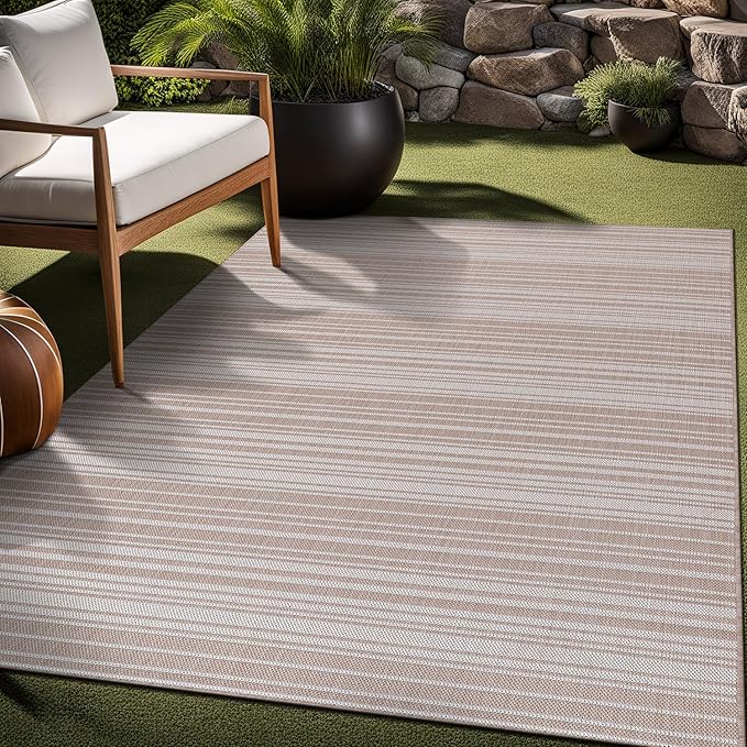 Stripe Outdoor Rug 8x10 Washable Outside Carpet for Indoor Patio Porch Waterproof Easy Cleaning Non Shedding Area Rugs Beige 8 x 10