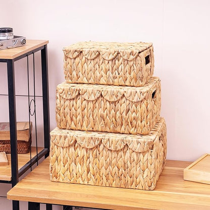 Set of 3 Scalloped Edge Wicker Basket with Lid, Rectangle Wicker Storage Basket with Built-in Handles, Multipurpose Organizer Rattan Display Boxes for Shelf, Nursery Room