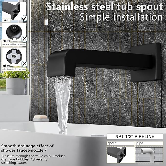 Shower Fixtures, Black Shower Faucet Set with 6 Inch Matte Black Shower Head and Tub Spout, Black Shower Head and Handle Set (Valve Included)